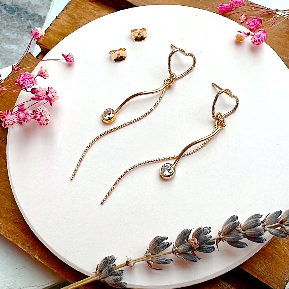 Sparkly Heart Stud Long Dangle Earrings with Cubic Zirconia | Handmade in BC